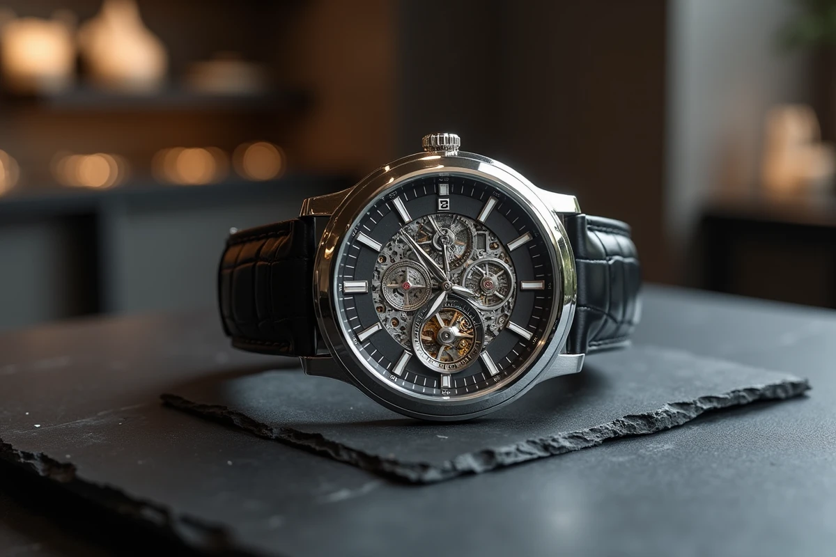 Montre de luxe à complication squelettée en platine posée sur une surface en ardoise noire dans une boutique horlogère haut de gamme