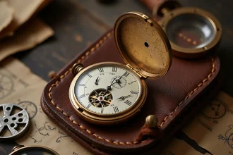 Montre de poche antique suisse ouverte révélant ses mécanismes dorés sur une table de maître horloger en acajou
