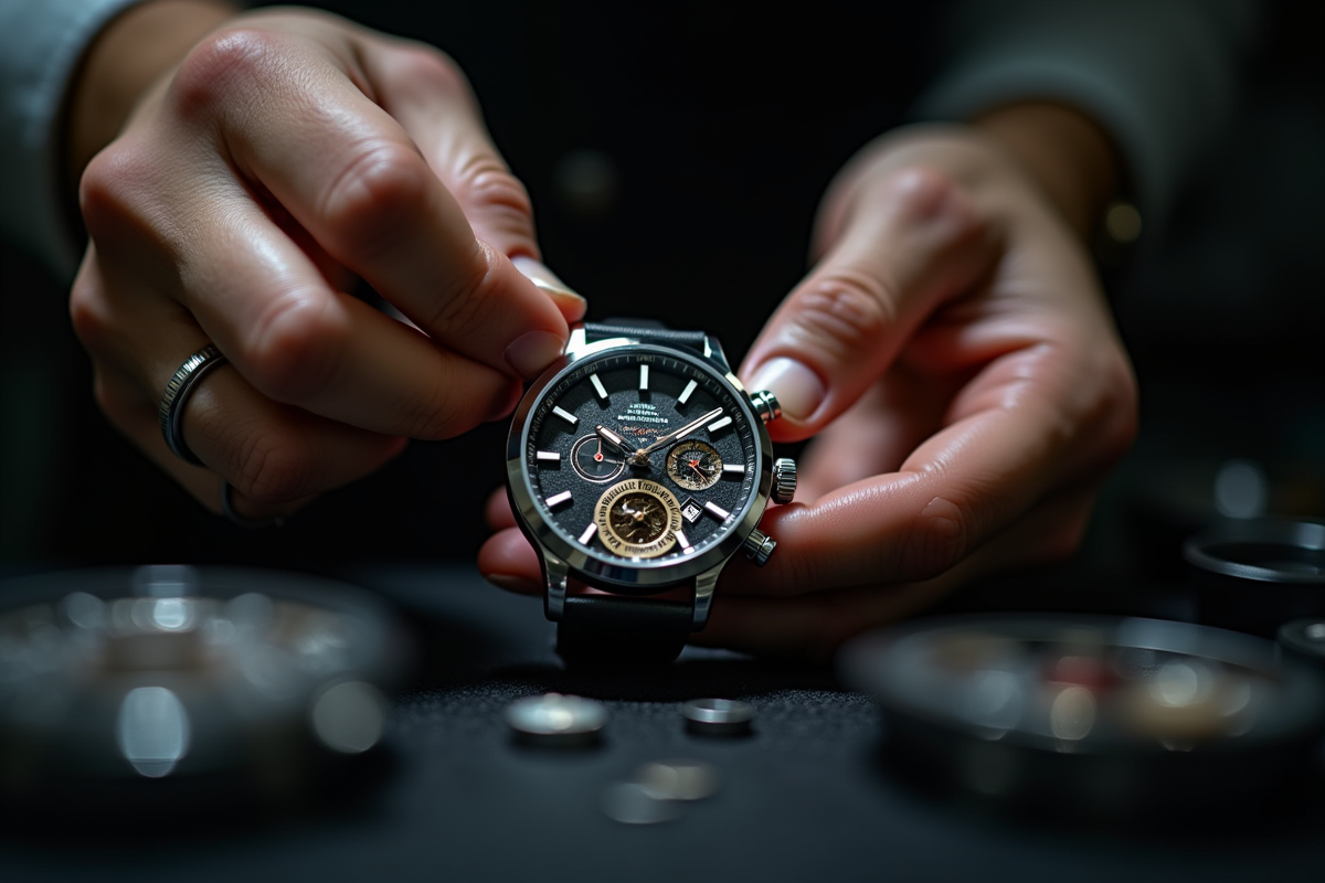 Mains d'horloger assemblant une montre de luxe avec précision