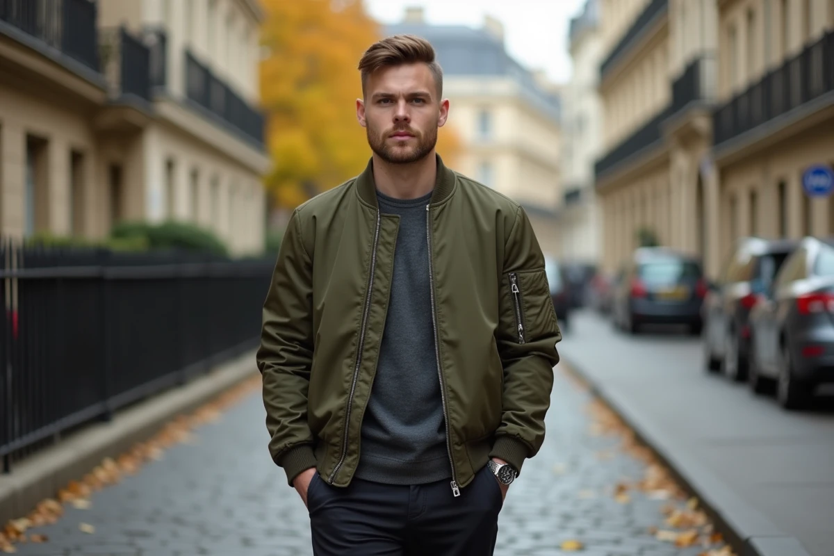 Homme jeune avec une coupe mulet discrète et moderne dans une rue parisienne en automne, style urbain élégant