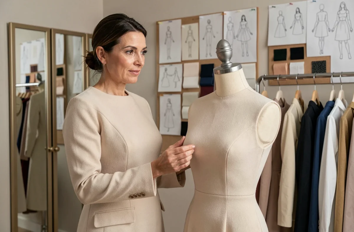 Nathalie Desperches-Boukhatem dans son atelier-boutique de Verneuil-sur-Indre présentant une création sur mesure