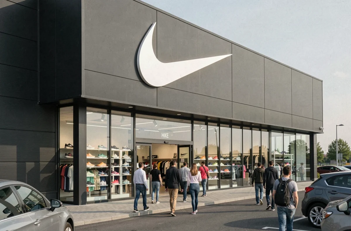 Façade du Nike Factory Store à Plaisir avec le logo swoosh et les vitrines de chaussures et vêtements de sport