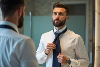 Homme d'affaires faisant un nœud de cravate double Windsor devant un miroir dans une salle de bain moderne