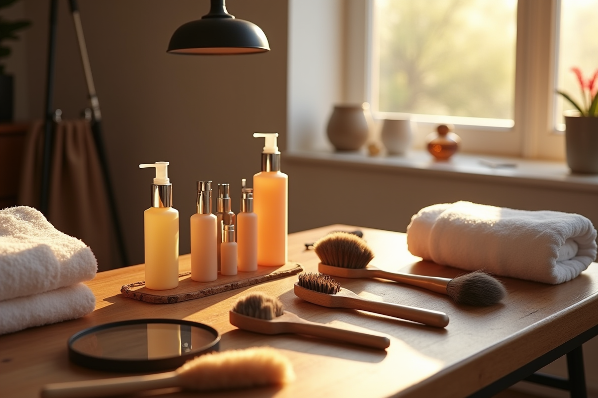 Outils de cosmetologie sur une table en bois