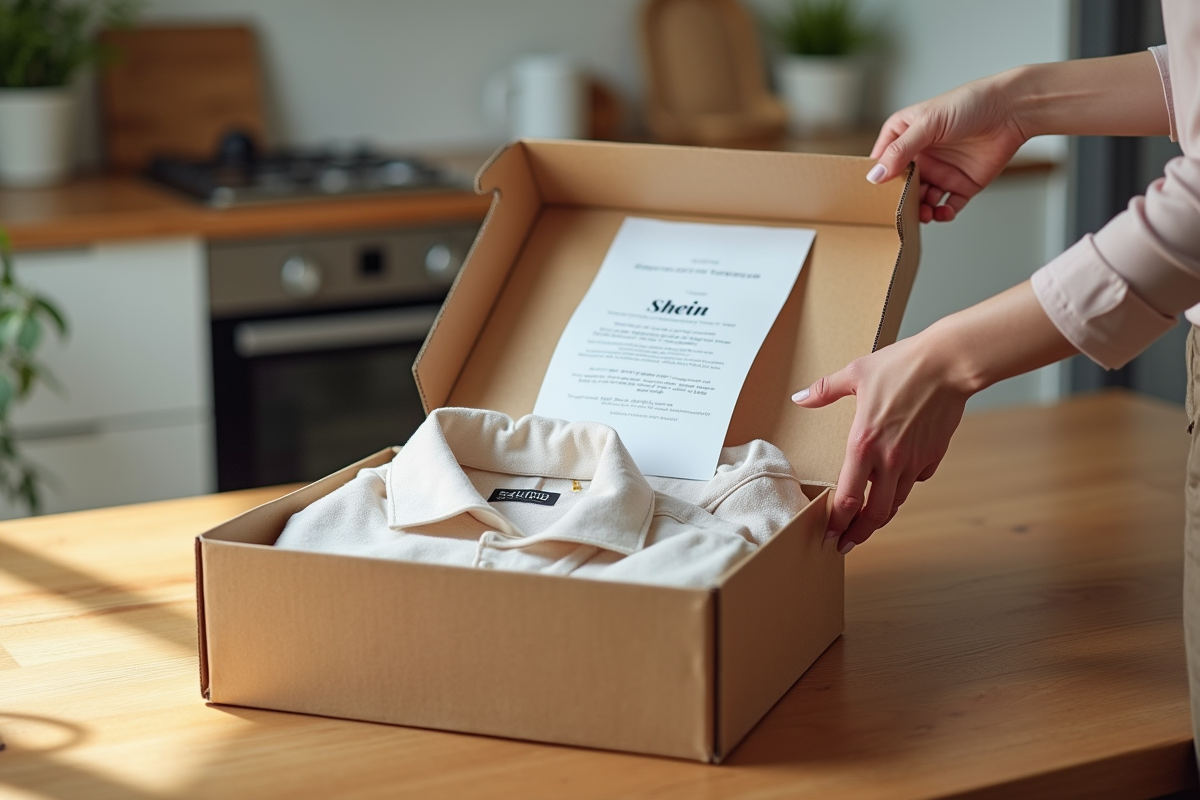 Main qui ouvre un colis Shein avec vêtements à plier sur une table en Belgique