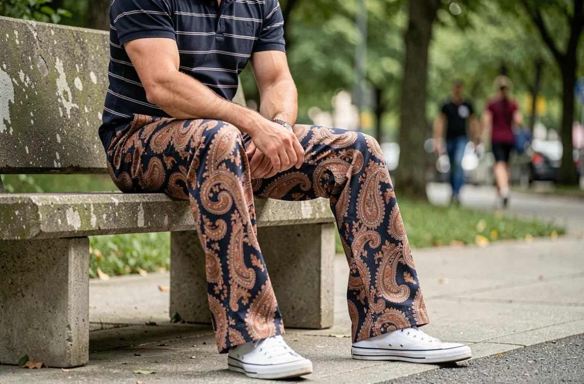 Pantalon patte d'éléphant homme motif paisley porté assis dans un parc urbain avec sneakers blanches