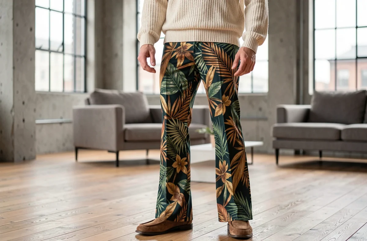Homme en pantalon évasé imprimé botanique associé à un pull en maille dans un appartement loft moderne