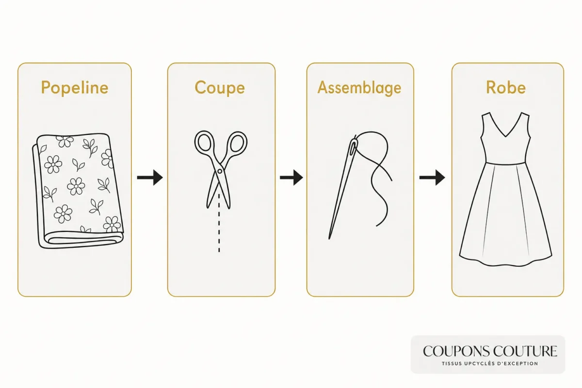 Popeline de coton pour robe : plan illustré de tissus, coupe, assemblage et robe couture élégante.