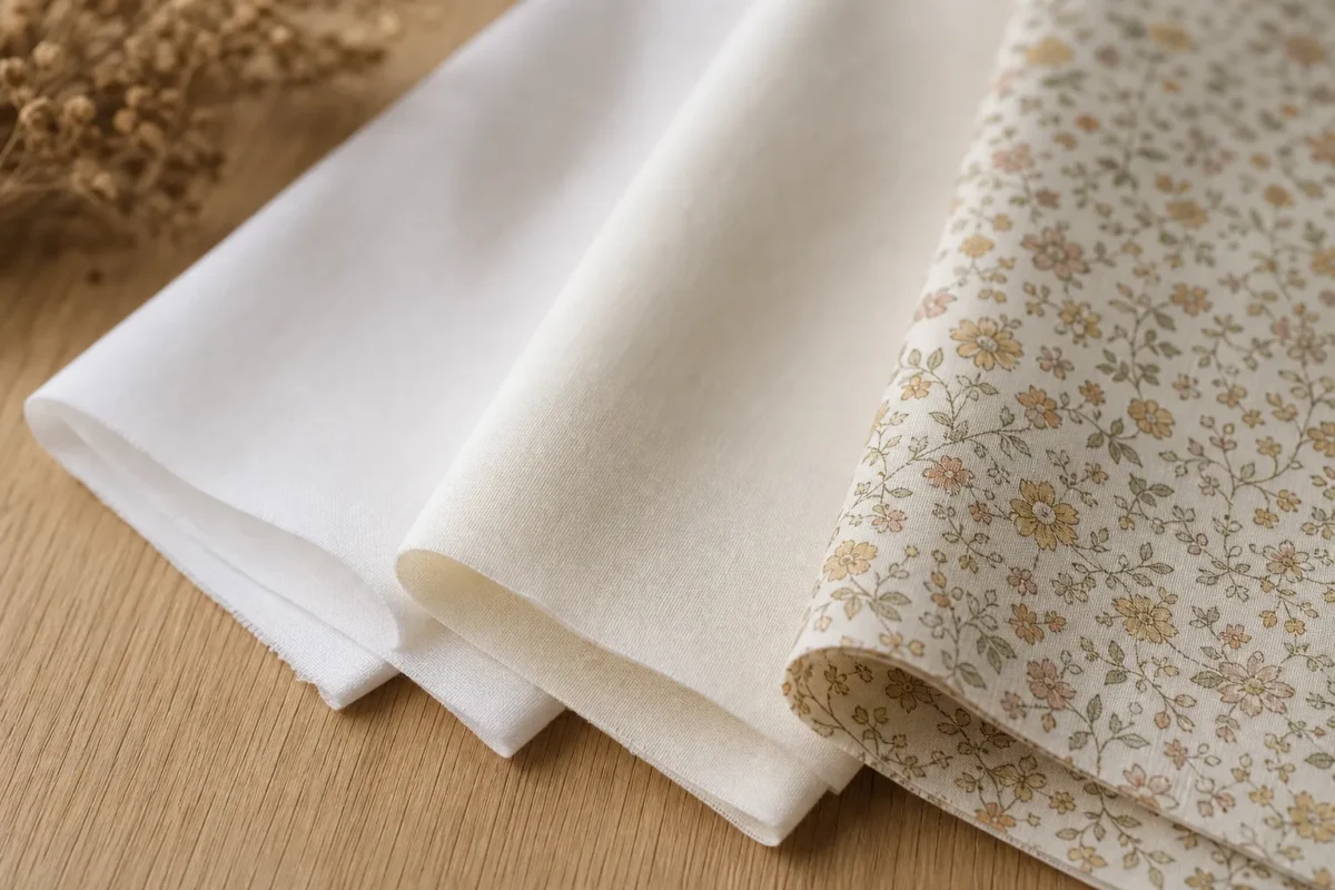 Trois mètres de popeline de coton pour robe, blanche et imprimée à petit motif floréal beige, sur planche en bois.