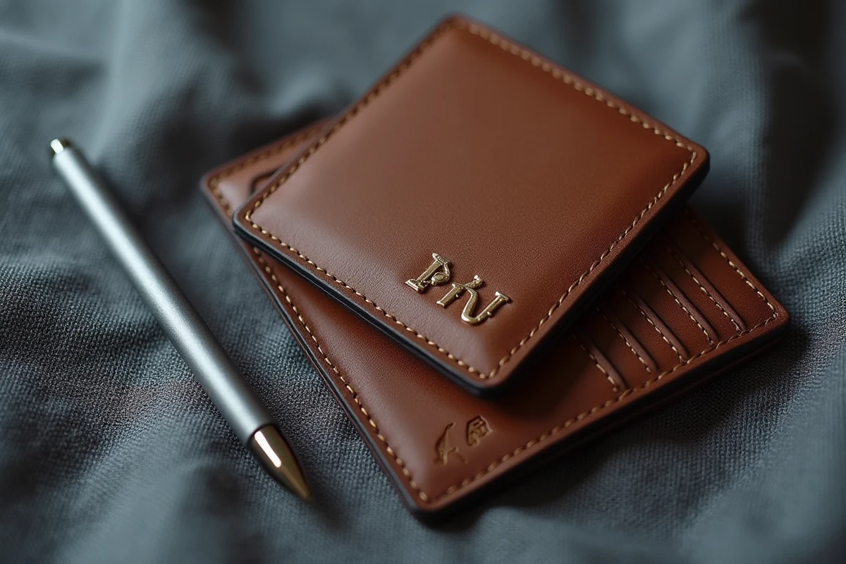 Porte-monnaie en cuir personnalisé avec initiales dorées en vue à plat sur lin gris