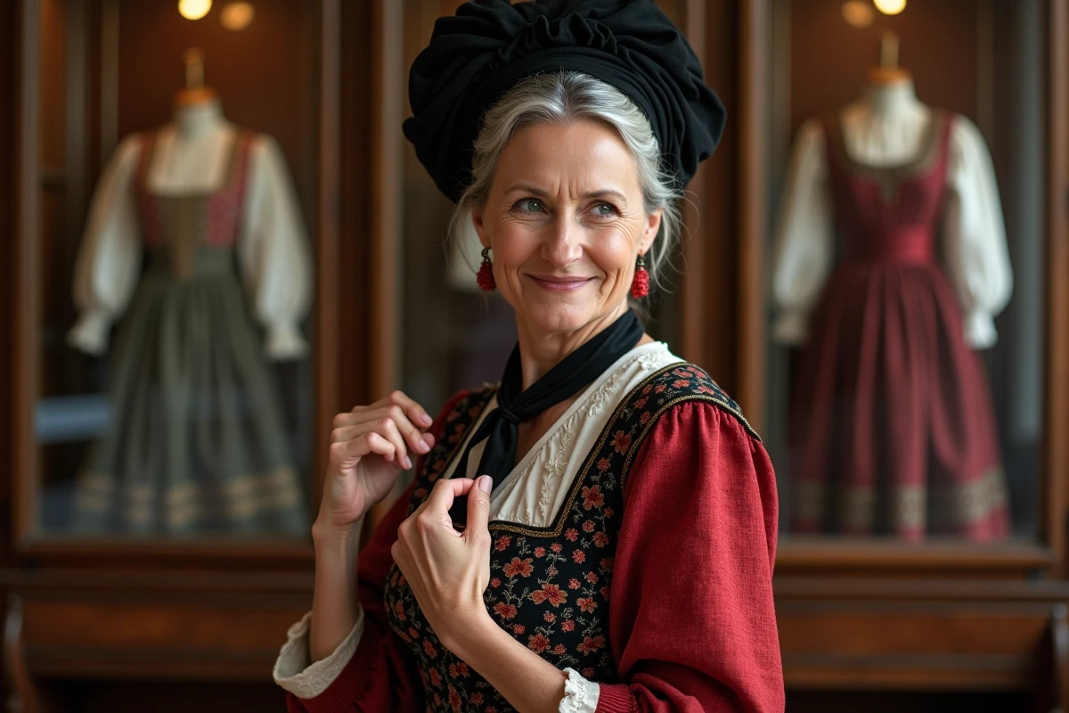 Femme en costume alsacien ajustant son châle dans un musée
