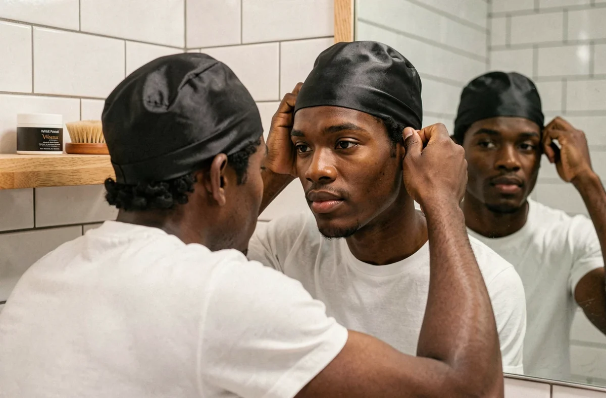 Jeune homme aux cheveux crépus courts plaçant un wave cap satiné noir sur ses cheveux devant un miroir de salle de bain