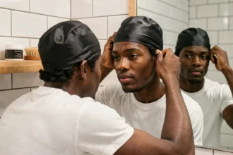 Jeune homme aux cheveux crépus courts plaçant un wave cap satiné noir sur ses cheveux devant un miroir de salle de bain