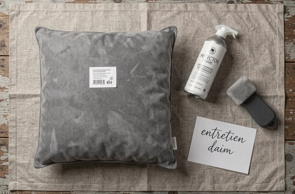 Mise à plat éditoriale présentant une housse de coussin en daim gris avec produits d'entretien et étiquette de soin, guide visuel pour entretenir le daim