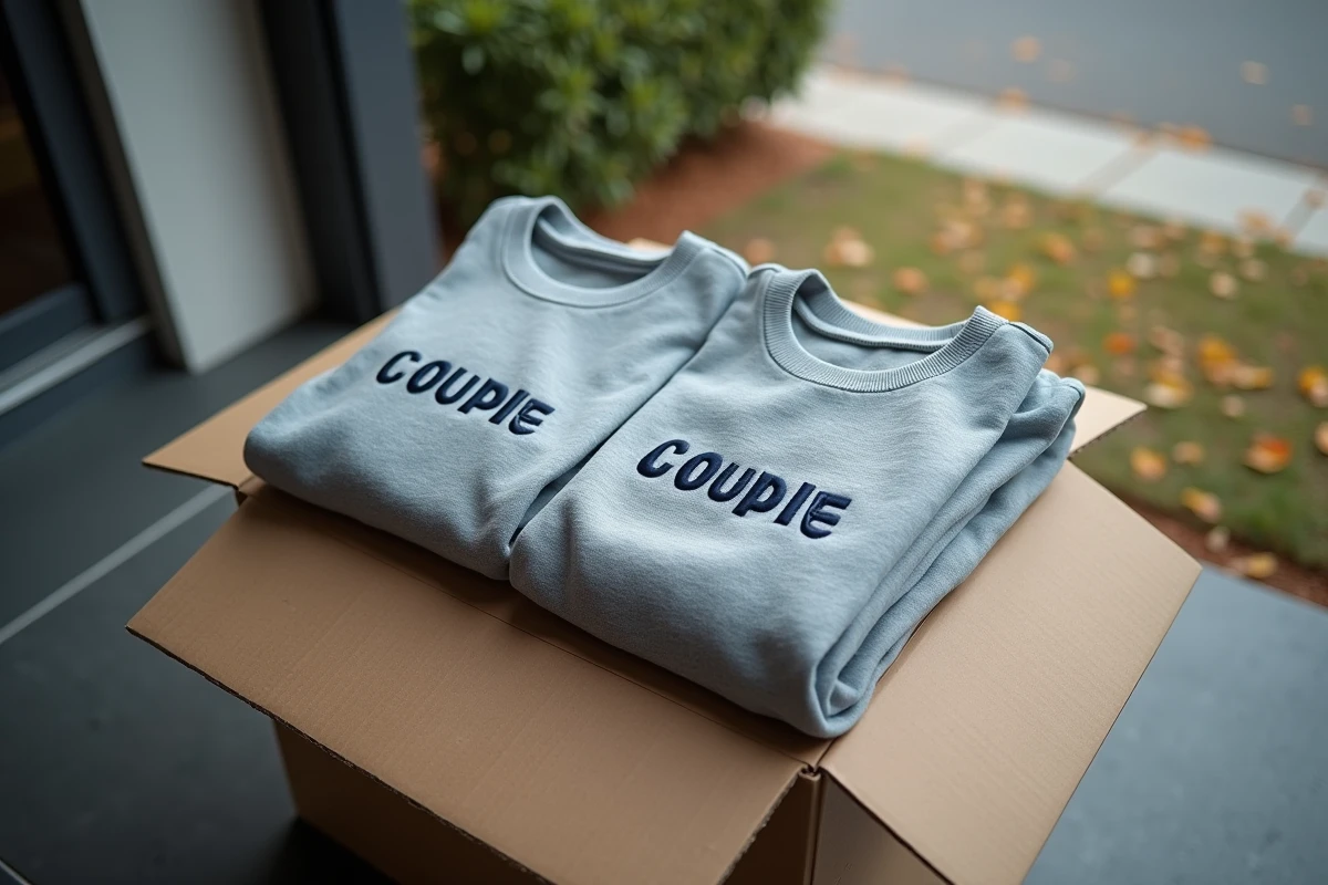 Pullovers personnalisés posés sur un colis à la porte