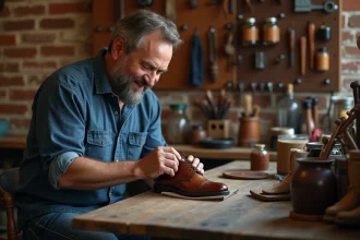 Homme réparant une chaussure en cuir avec soin