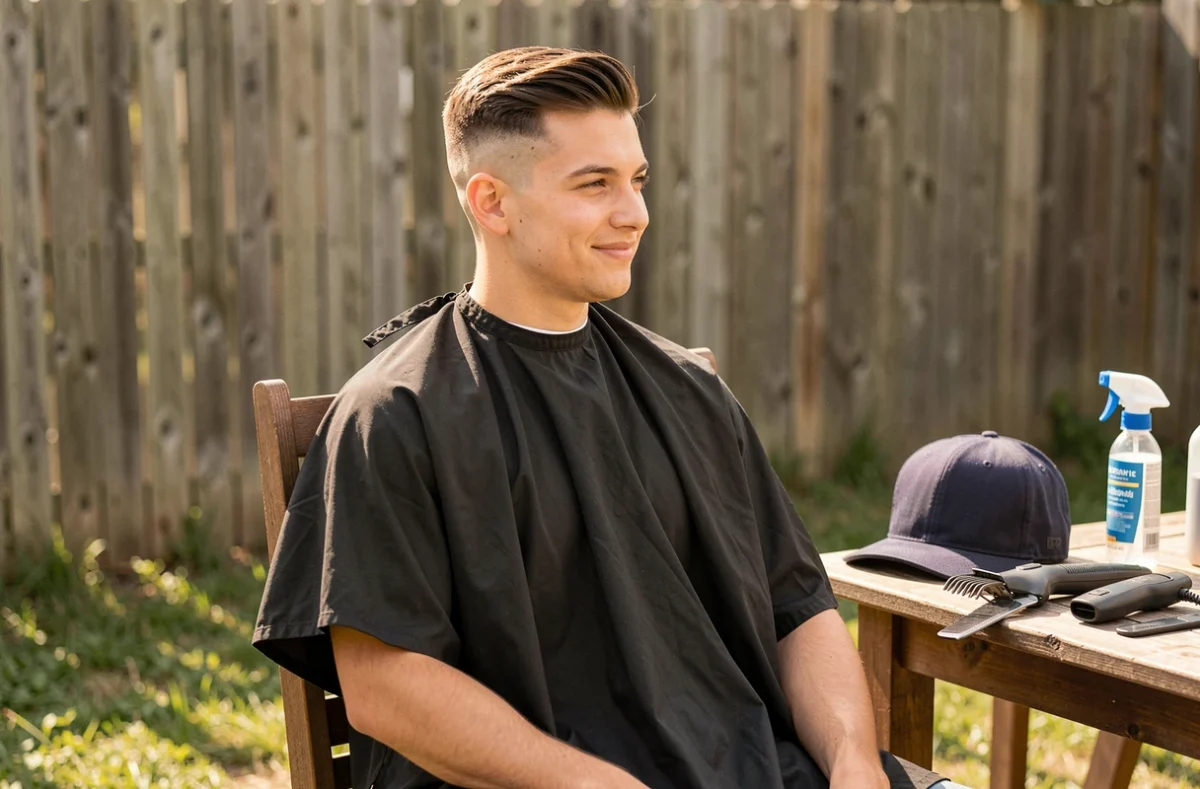 Jeune homme avec une coupe style Inoxtag réussie à la maison, assis dans un jardin avec ses outils de coiffure