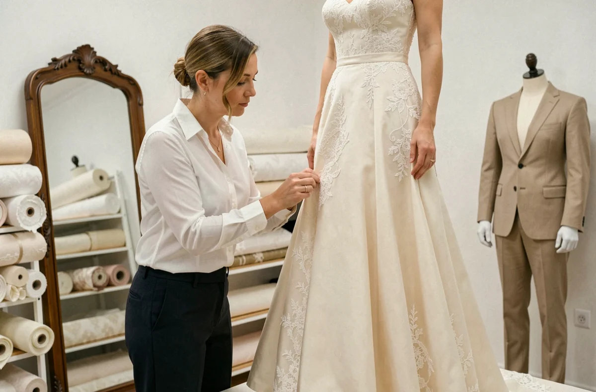 Couturière épinglant l'ourlet d'une robe de mariée ivoire dans un atelier de retouche à Sainte-Geneviève-des-Bois