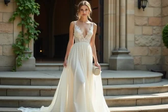 Femme élégante en longue robe blanche chic devant une église pour un mariage