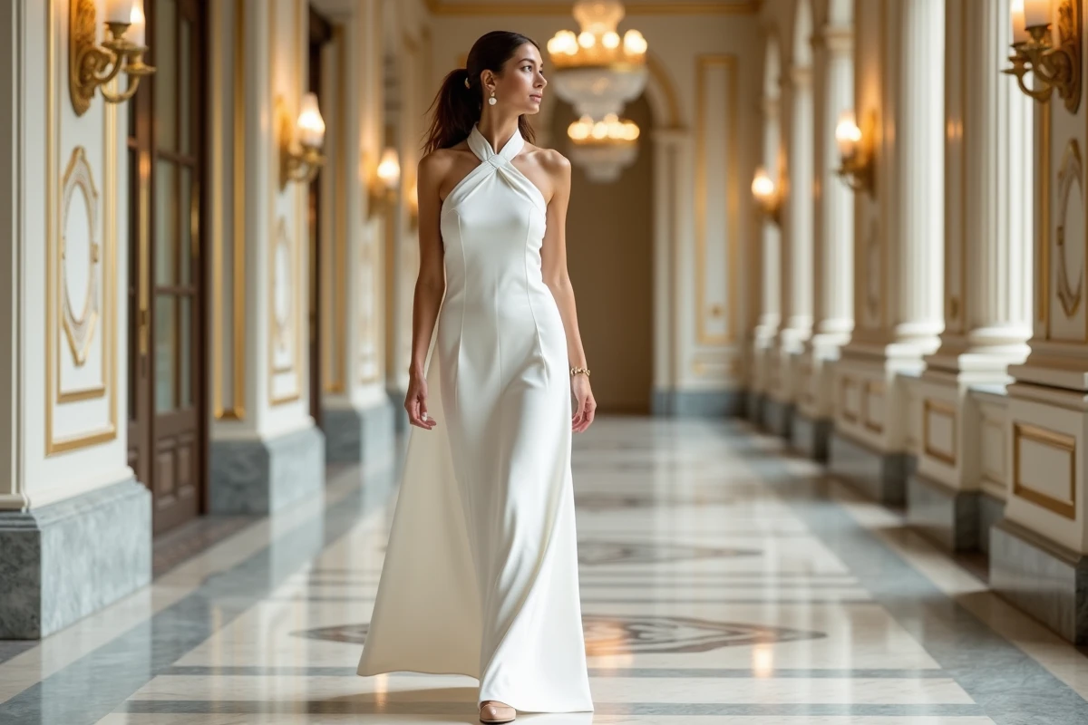 Femme en longue robe blanche chic marchant dans un couloir d'hôtel Haussmannien pour un mariage