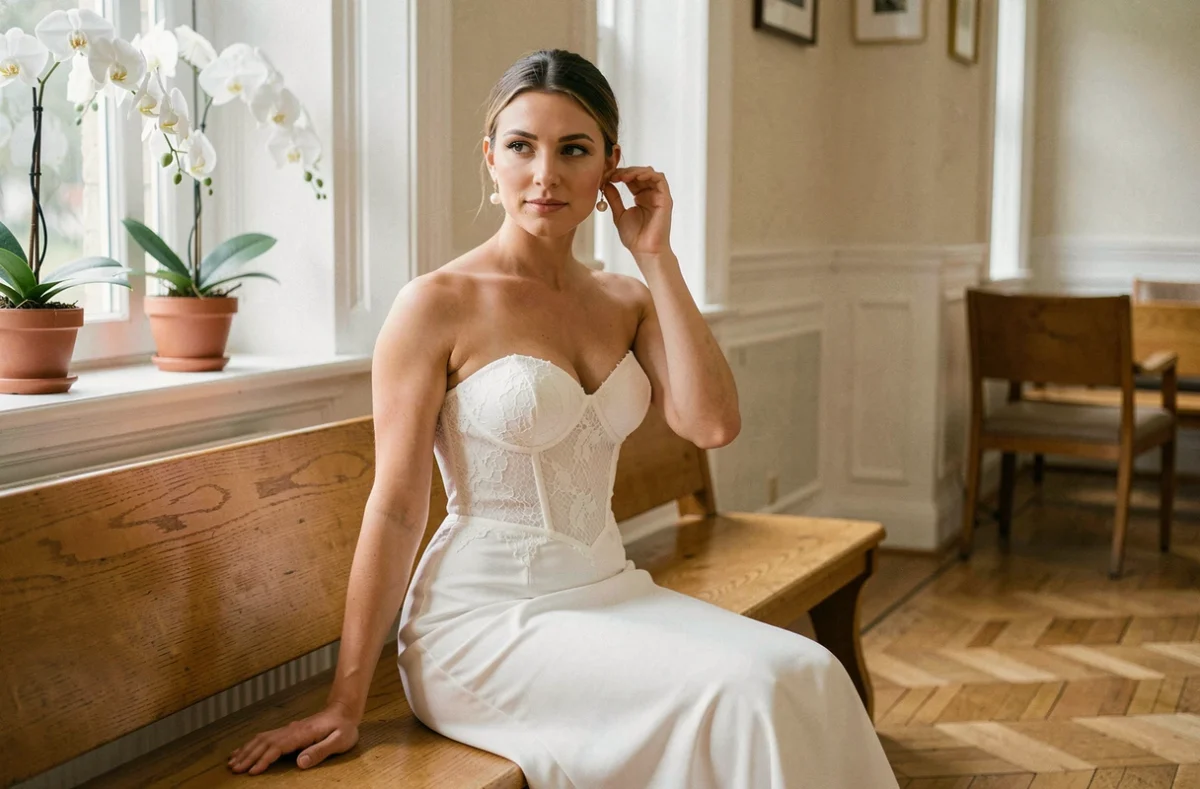 Mariée en robe bustier blanche longue assise dans une salle de mariage civil avec détails en dentelle