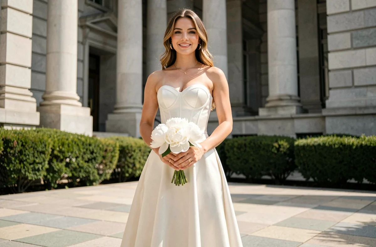Femme portant une robe bustier longue blanche lors d'un mariage civil devant un hôtel de ville