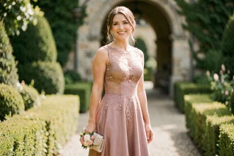 Femme portant une robe de cocktail rose poudré en dentelle à un mariage chic en 2026 dans un jardin élégant