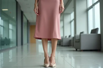 Femme en robe midi rose poudré portant des escarpins nude à talons bloc dans un couloir de bureau moderne