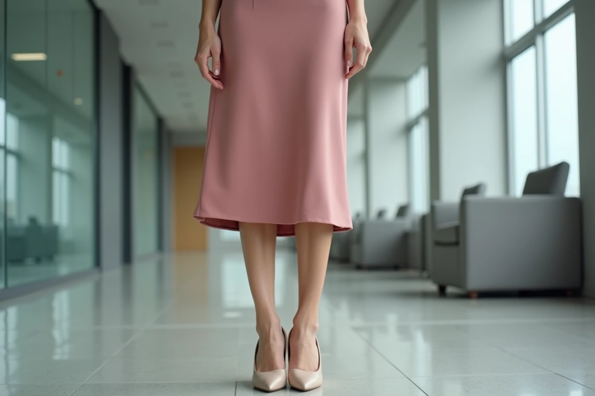 Femme en robe midi rose poudré portant des escarpins nude à talons bloc dans un couloir de bureau moderne