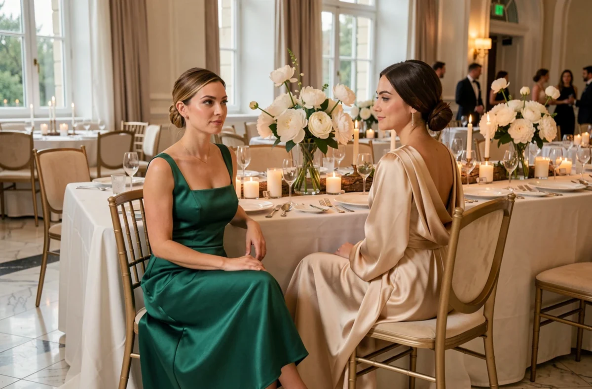 Deux femmes en robes de cocktail tendance vert émeraude et champagne lors d'une réception de mariage chic en intérieur