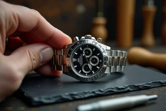 Montre Rolex Daytona en acier inoxydable tenue à la main, gros plan sur le cadran chronographe noir, atelier horloger en arrière-plan flou