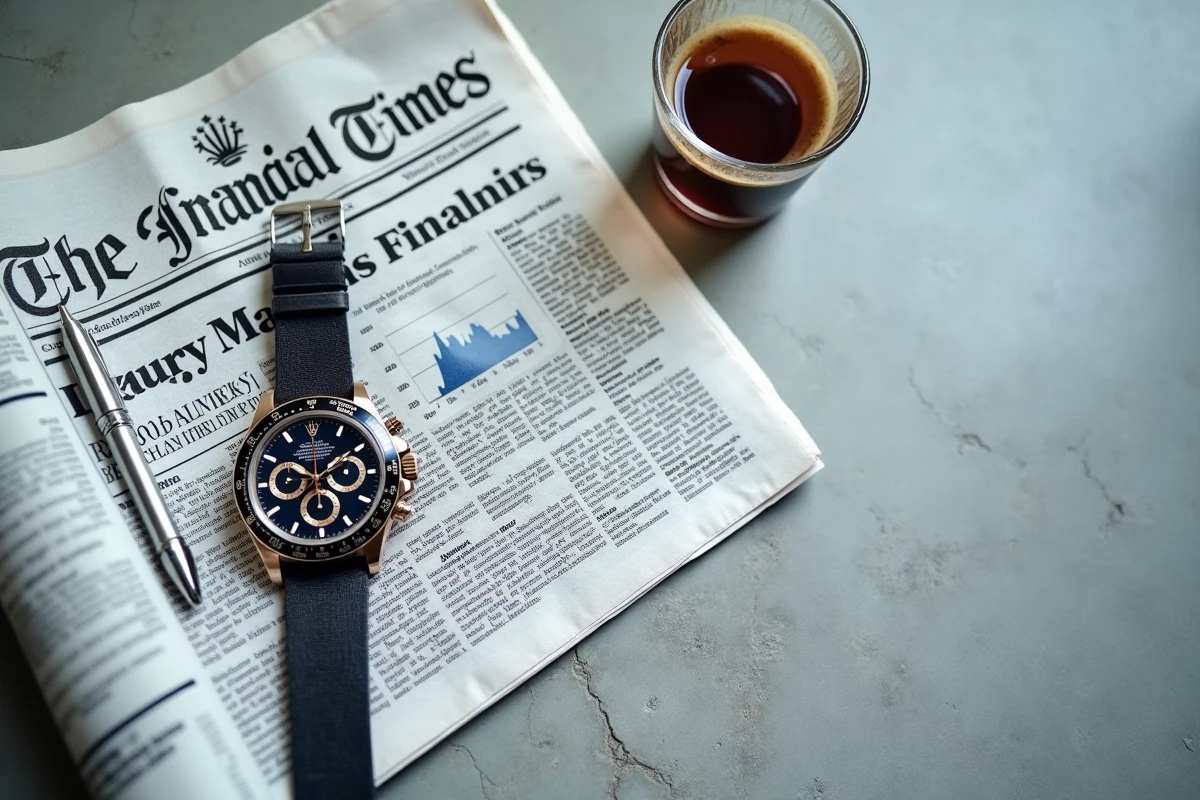 Flat lay éditorial d'une Rolex Daytona posée sur béton avec journal financier et espresso, illustrant la valeur d'investissement horloger