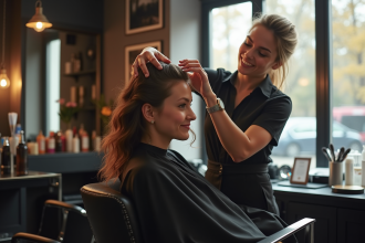 Salon de coiffure élégant avec coiffeur professionnel et cliente souriante