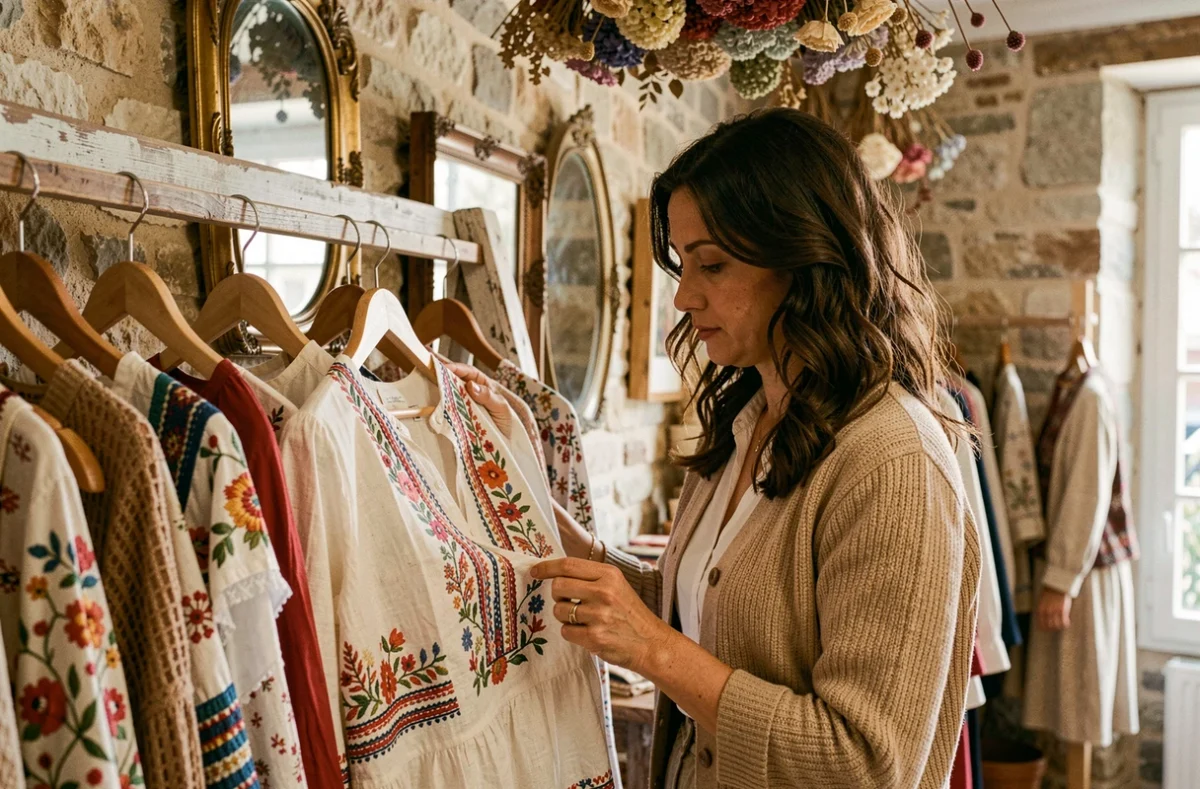 Boutique Sashée à La Châtre avec vêtements artisanaux brodés et décor en pierre apparente