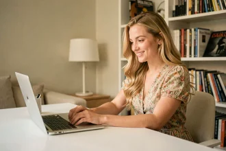 Jeune femme blonde admirant le site fan Suki Waterhouse sur son ordinateur portable dans un appartement moderne