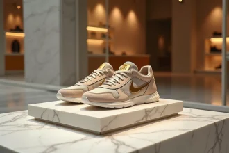 Paire de sneakers de luxe ultra-rares exposée sur un socle en marbre blanc dans une boutique haut de gamme, soulignant leur valeur exceptionnelle et leur artisanat premium