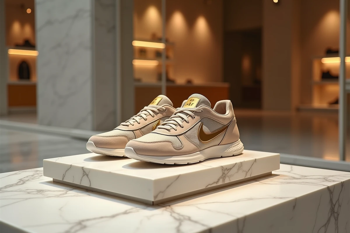 Paire de sneakers de luxe ultra-rares exposée sur un socle en marbre blanc dans une boutique haut de gamme, soulignant leur valeur exceptionnelle et leur artisanat premium