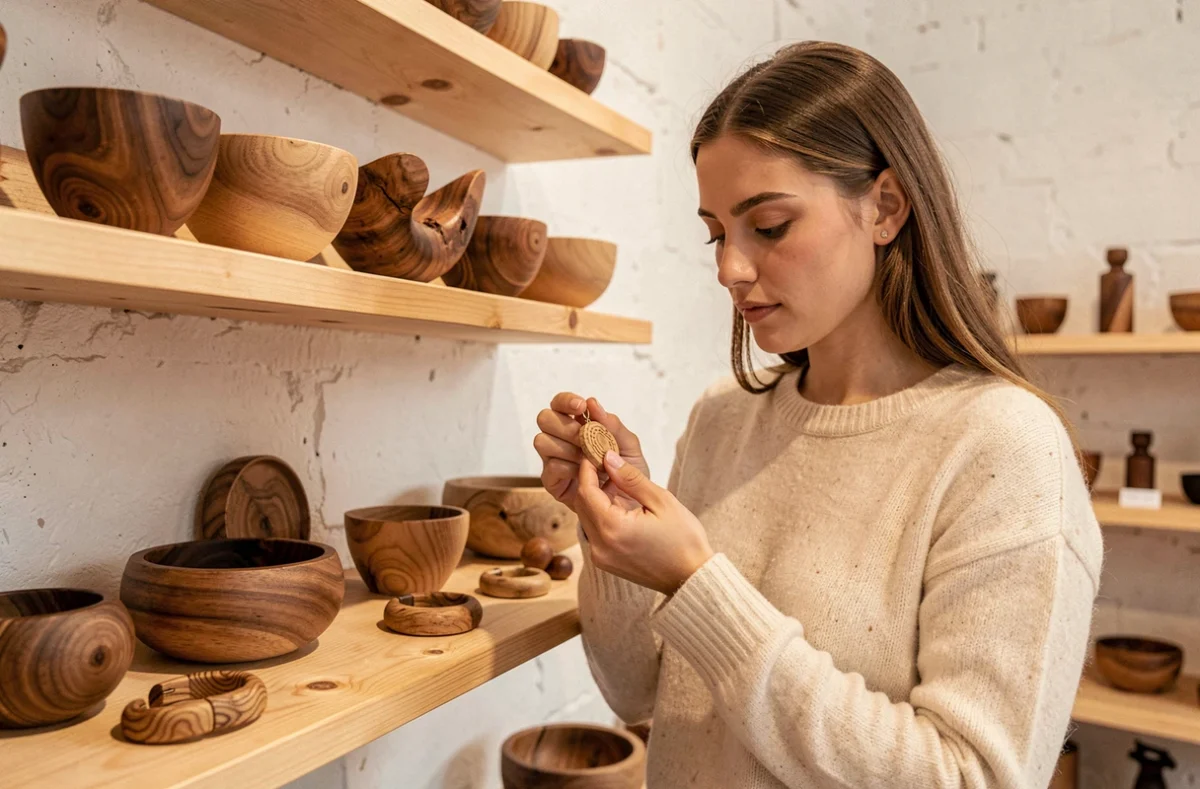 Boutique Songes d'Ébène à Haute-Vienne avec sculptures et bijoux en bois créés par des artisans locaux