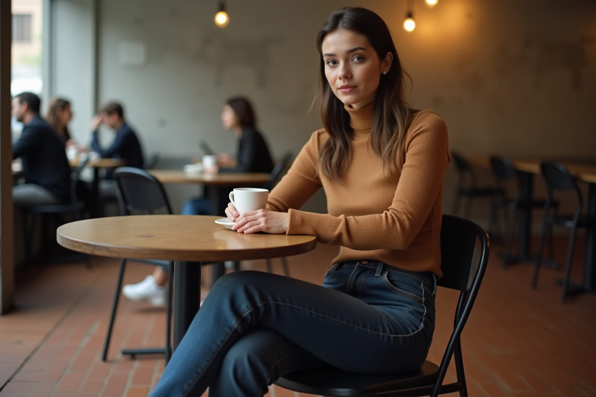 Jeune femme en style casual chic dans un café moderne, turtleneck camel, jean indigo et sneakers blanches