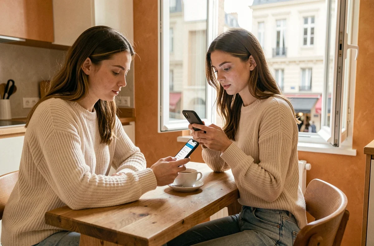 Jeune femme consultant le suivi de sa commande Shein sur smartphone dans un appartement parisien