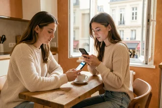 Jeune femme consultant le suivi de sa commande Shein sur smartphone dans un appartement parisien