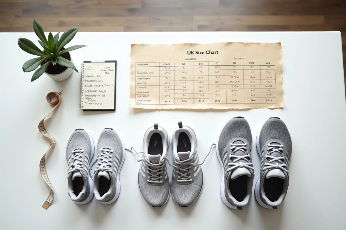 Tableau des tailles de chaussures UK pour le running avec trois paires de running et un mètre ruban