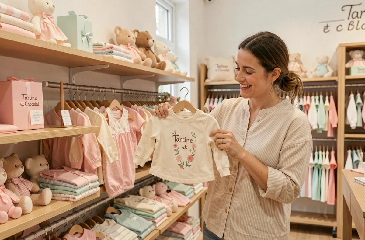 Intérieur de la boutique Tartine et Chocolat à Pontchartrain avec ses vêtements pour bébés et enfants en bas âge aux tons pastels
