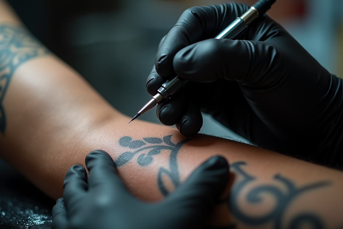 Premier plan d'un bras tatoue avec machine en studio lumineux