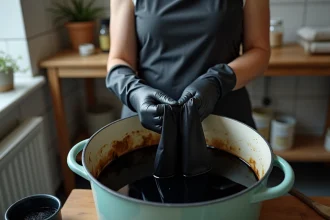 Femme appliquant une teinture noire sur une robe de soirée dans une buanderie artisanale