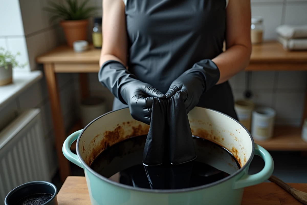 Femme appliquant une teinture noire sur une robe de soirée dans une buanderie artisanale