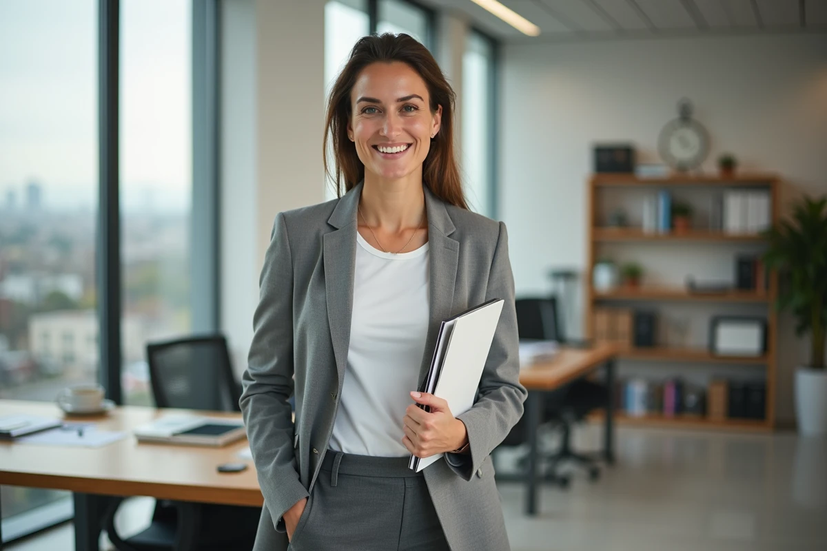 Femme professionnelle en tenue casual chic au bureau, blazer gris, t-shirt blanc et pantalon tailleur anthracite