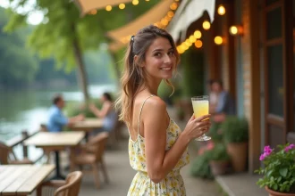 Femme en robe fleurie midi portée lors d'une guinguette en bord de rivière, tenant un verre de limonade dans un décor champêtre estival
