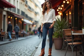 Femme portant une tenue chic du quotidien avec santiags en cuir tan, jean slim indigo et chemisier en lin ivoire dans une rue parisienne