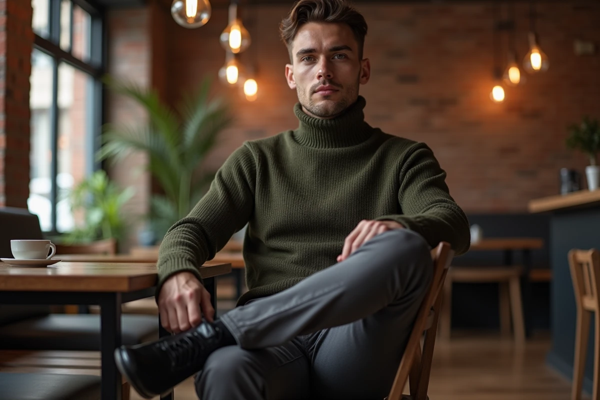 Homme en santiags noires et tenue casual chic assis dans un café au décor de loft minimaliste avec mur en briques